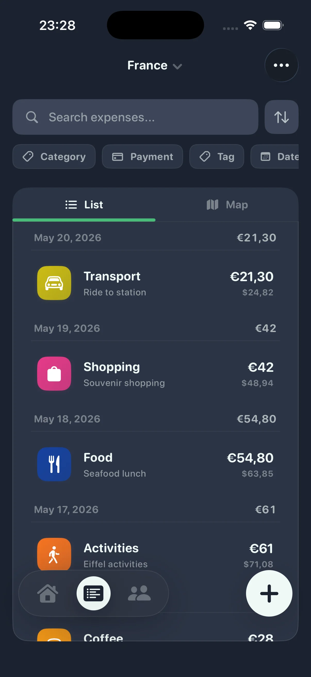 TripBudgy expense log list for travel spending